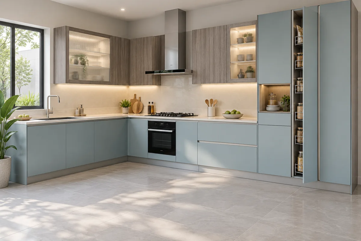 pale blue-grey and grey oak grain L-shaped steel kitchen — AI-generated concept