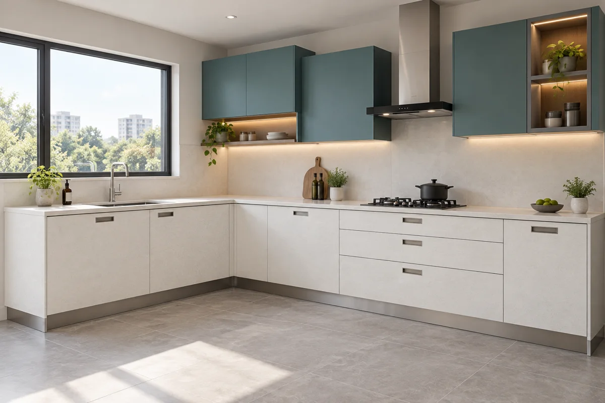 soft white fine textured decor and muted teal L-shaped steel kitchen — AI-generated concept