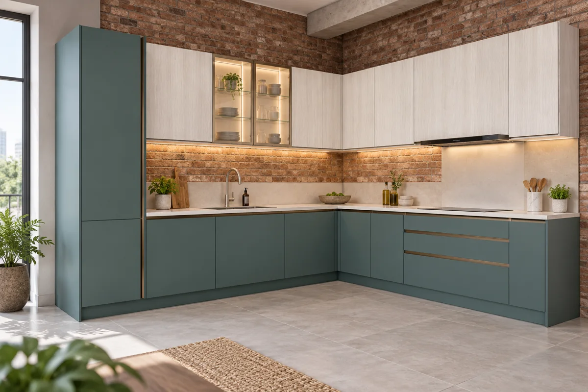 muted teal and pale whitewashed vertical grain L-shaped steel kitchen — AI-generated concept