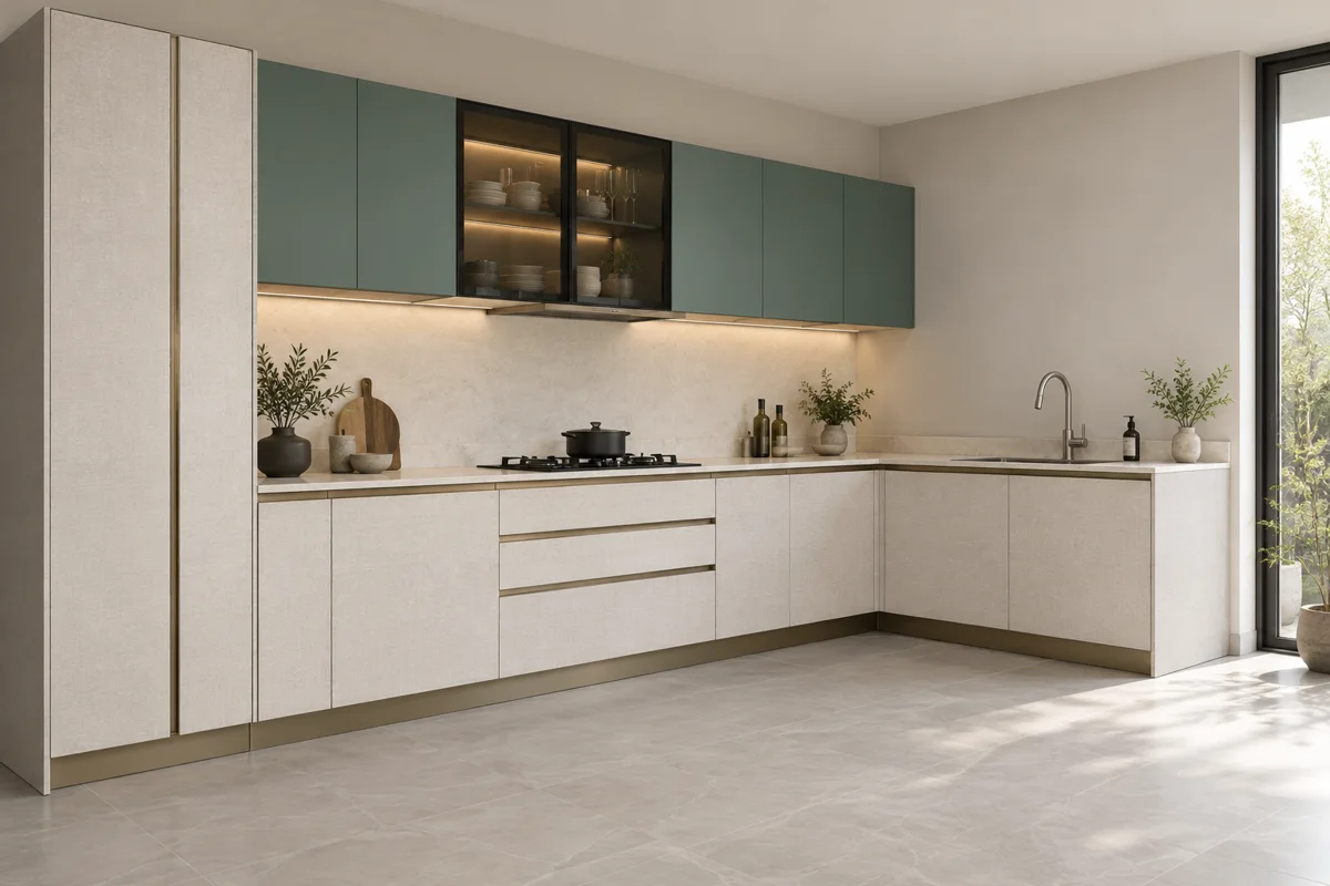soft white linen and muted teal pantry L-shaped steel kitchen — AI-generated concept