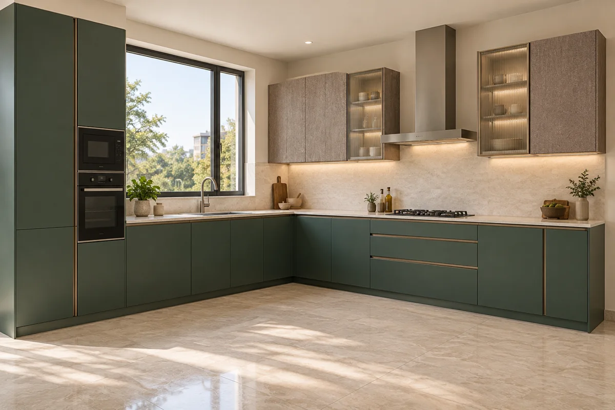 forest green and taupe fine textured decor L-shaped steel kitchen — AI-generated concept