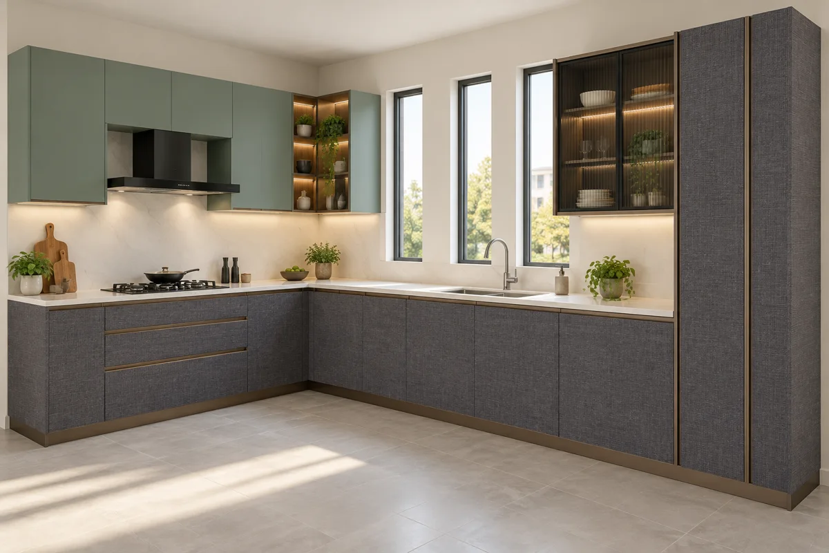 deep grey linen and smoky eucalyptus L-shaped steel kitchen — AI-generated concept