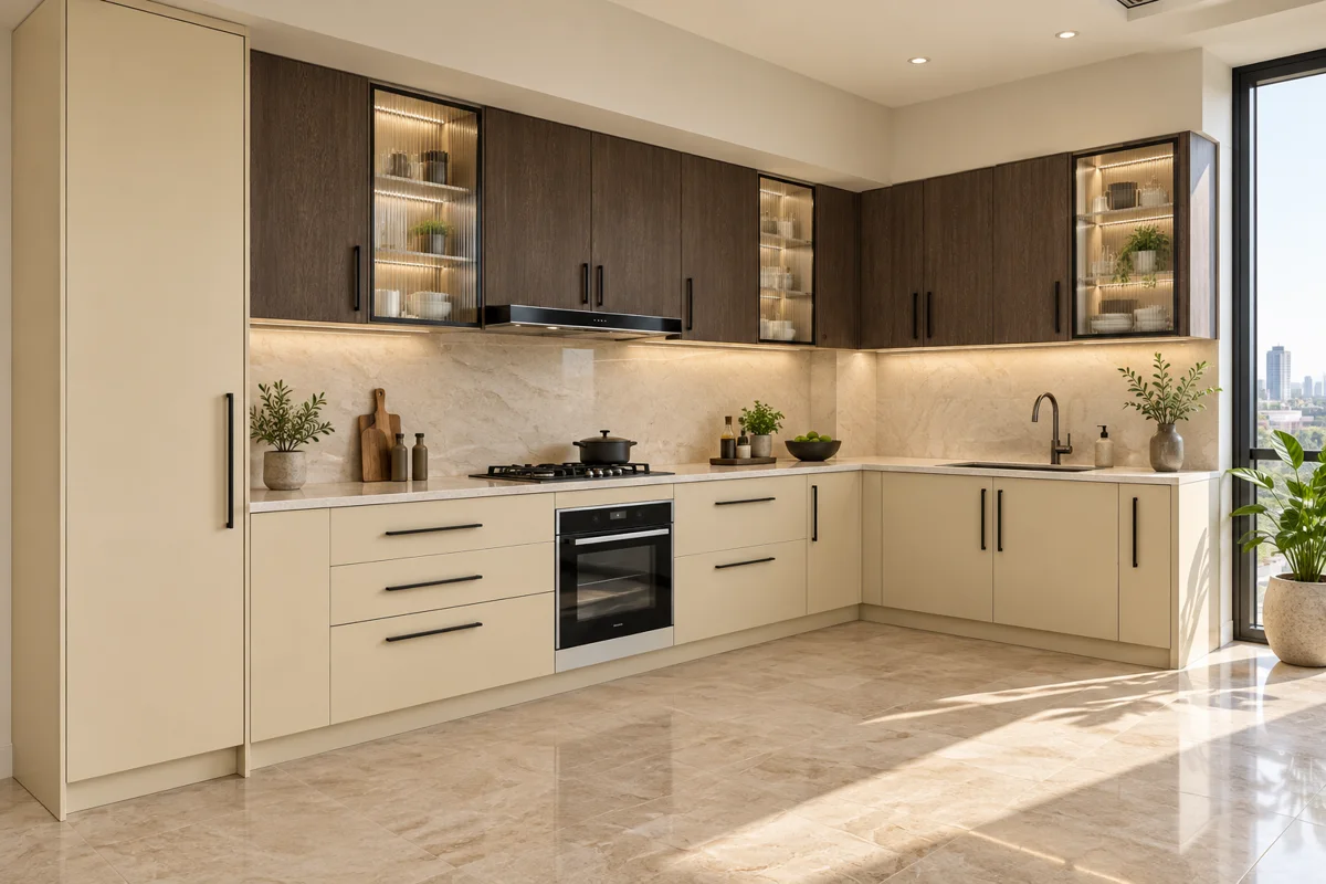cream and dark brown oak grain L-shaped steel kitchen — AI-generated concept