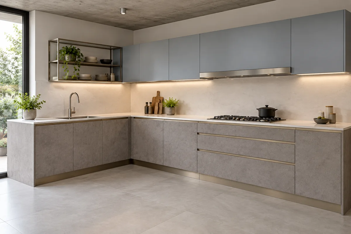 mid grey stone and stone grey L-shaped steel kitchen — AI-generated concept