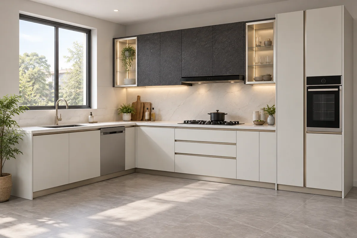 oyster white and charcoal stone L-shaped steel kitchen — AI-generated concept