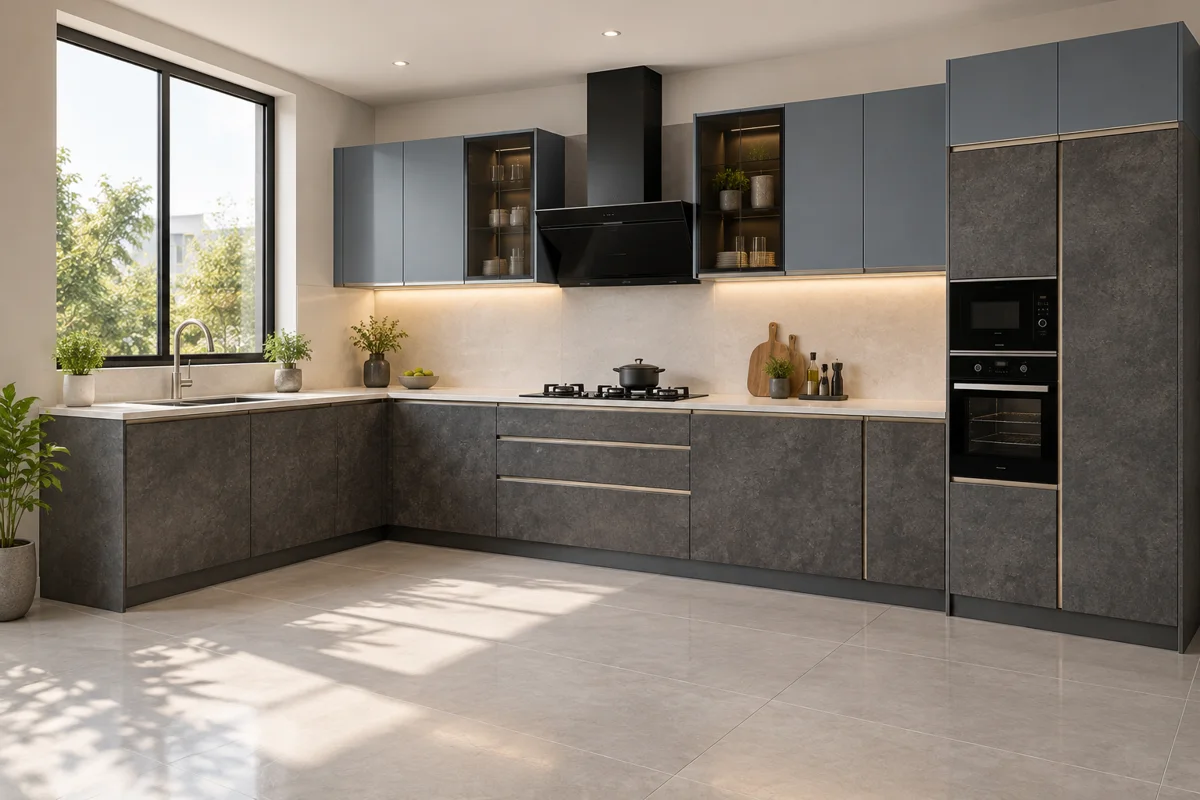dark grey cement and slate blue L-shaped steel kitchen — AI-generated concept