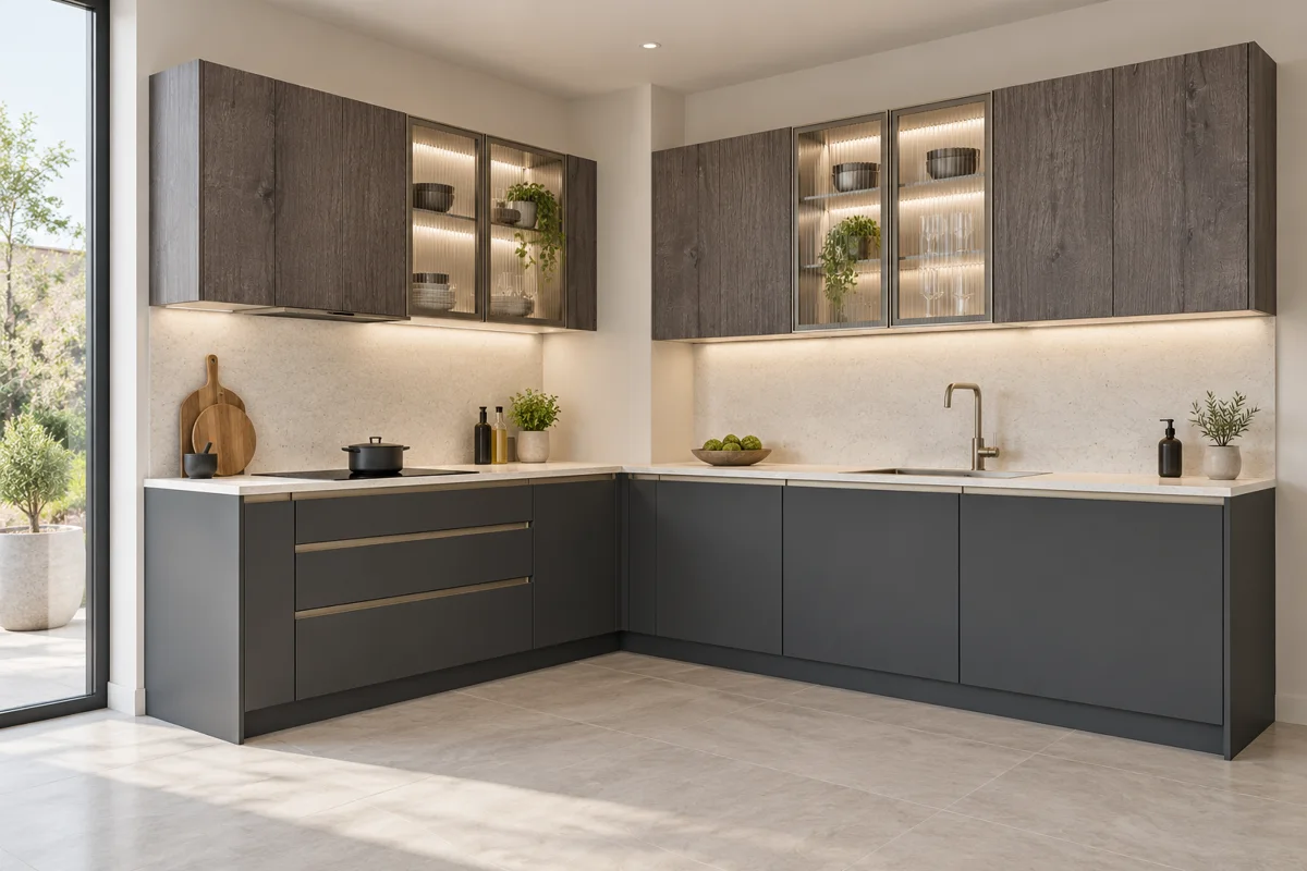 graphite and smoky grey oak grain L-shaped steel kitchen — AI-generated concept