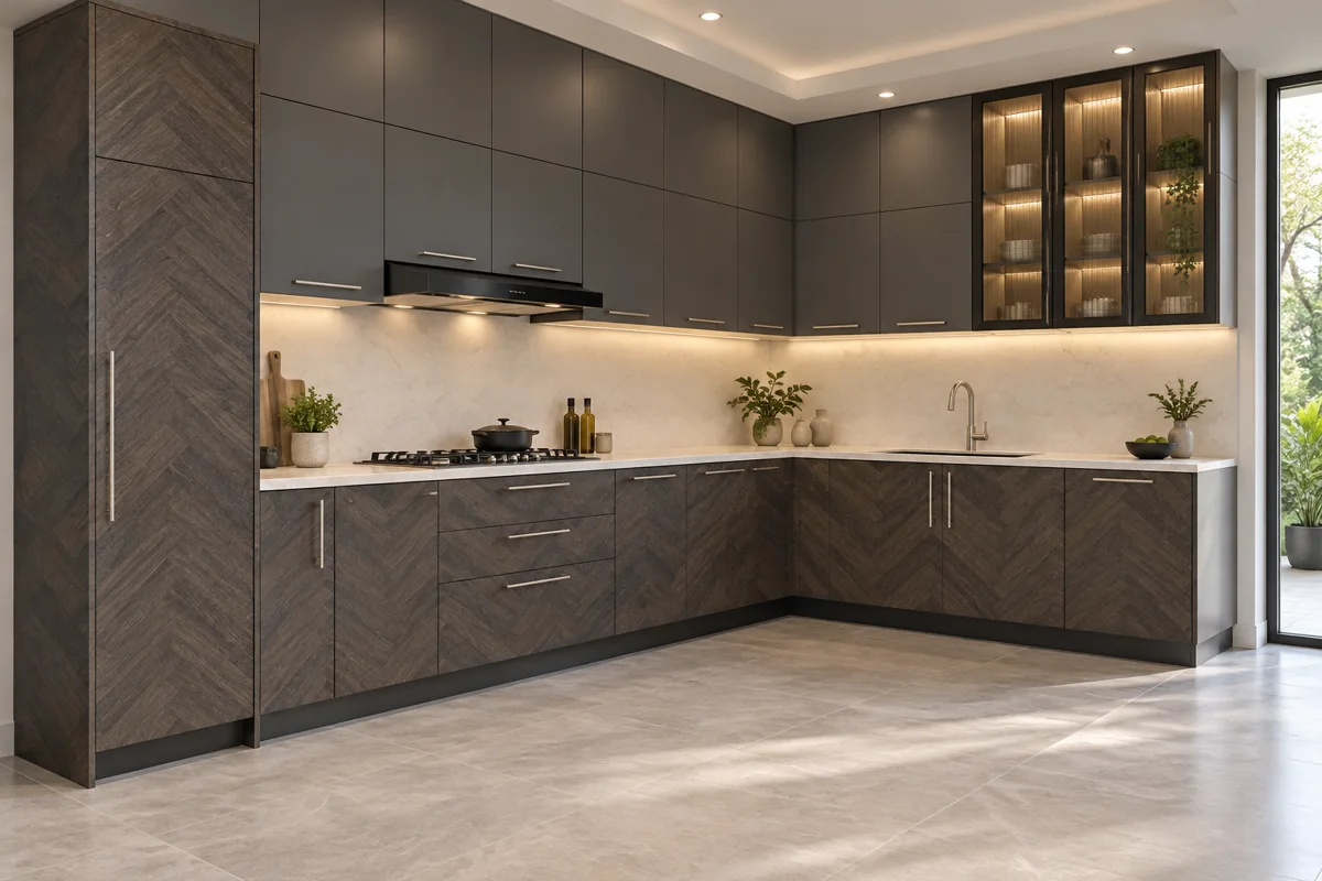smoky grey chevron wood decor and graphite L-shaped steel kitchen — AI-generated concept