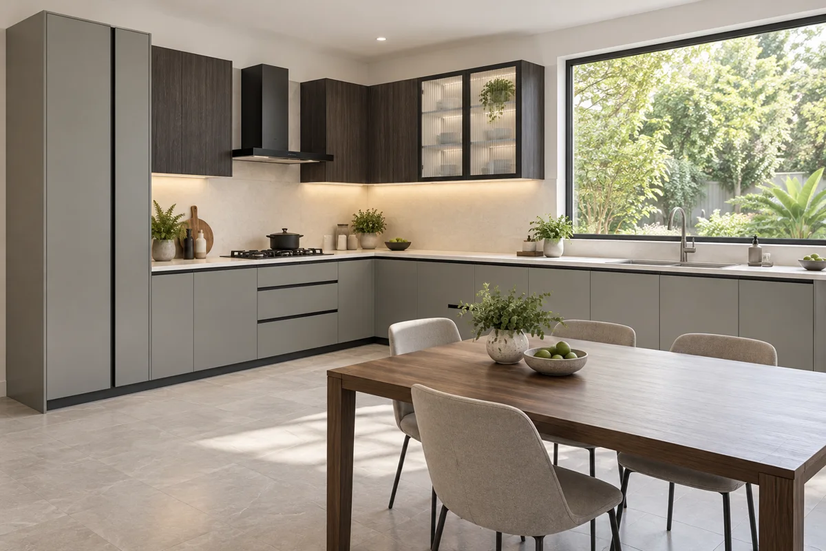 stone grey and graphite vertical grain L-shaped steel kitchen — AI-generated concept
