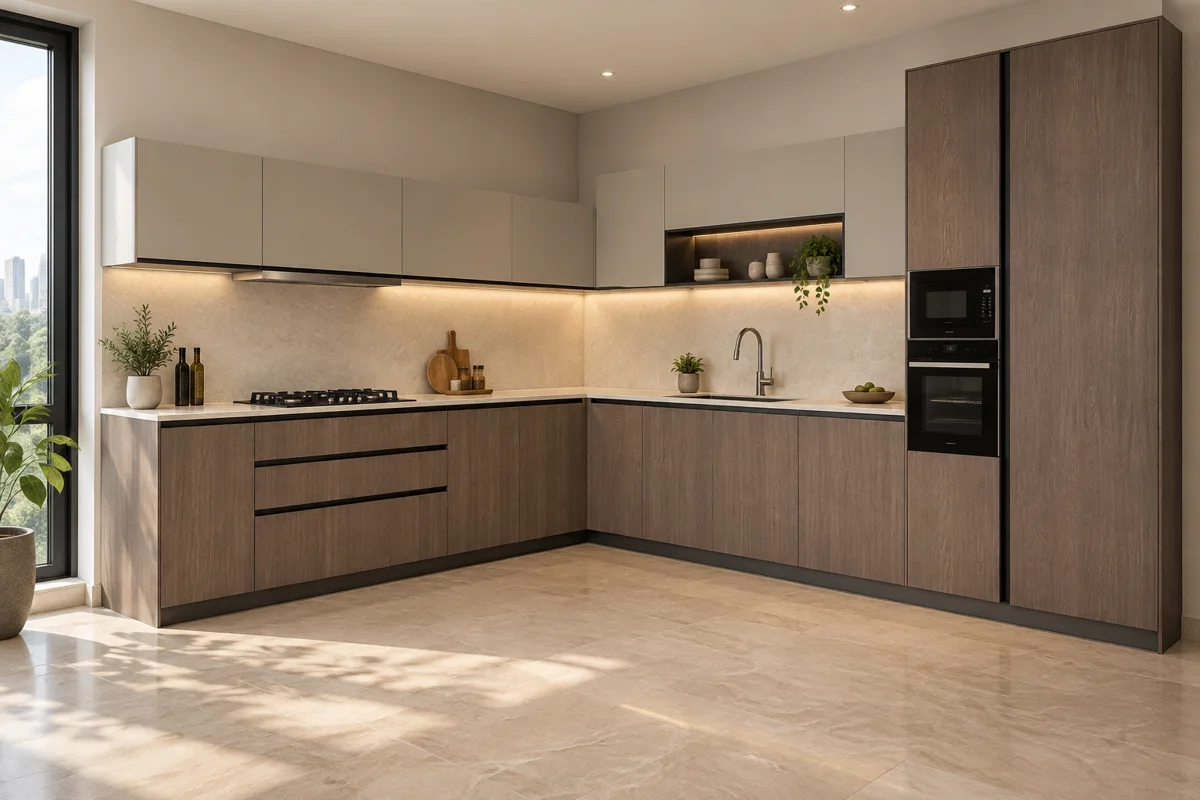mushroom brown fine grain and warm greige L-shaped steel kitchen — AI-generated concept
