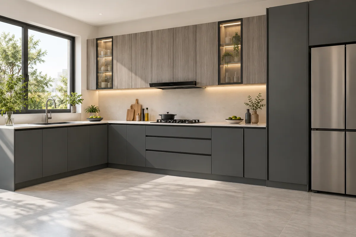 graphite and silver grey oak grain L-shaped steel kitchen — AI-generated concept