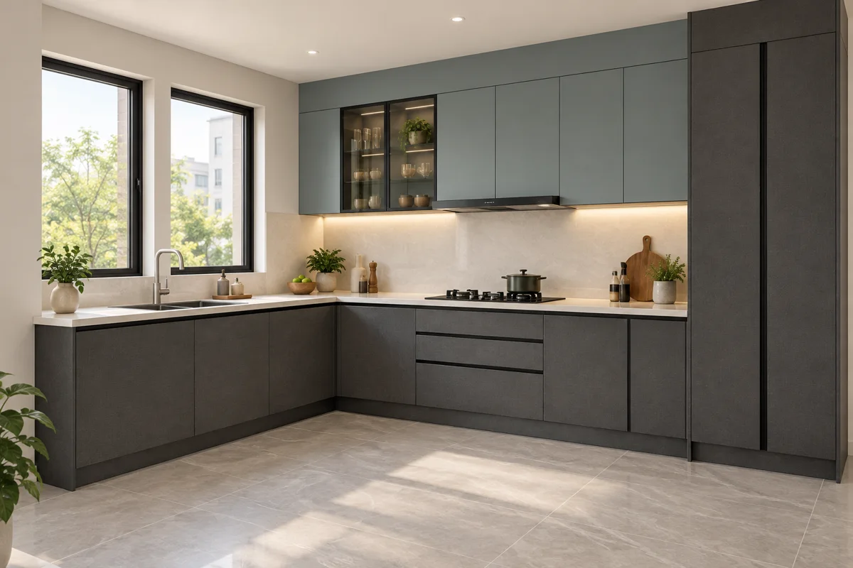 charcoal fine canvas and smoky eucalyptus L-shaped steel kitchen — AI-generated concept