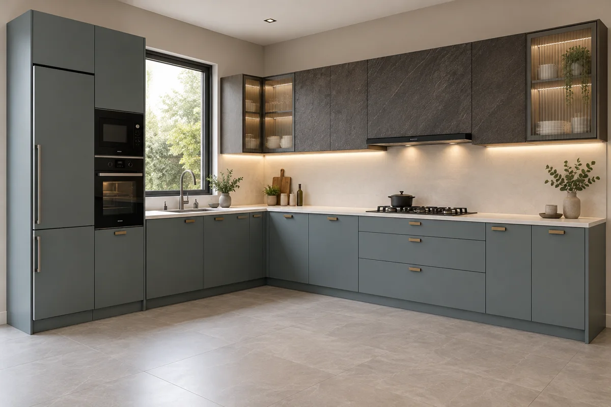 smoky eucalyptus and graphite stone L-shaped steel kitchen — AI-generated concept