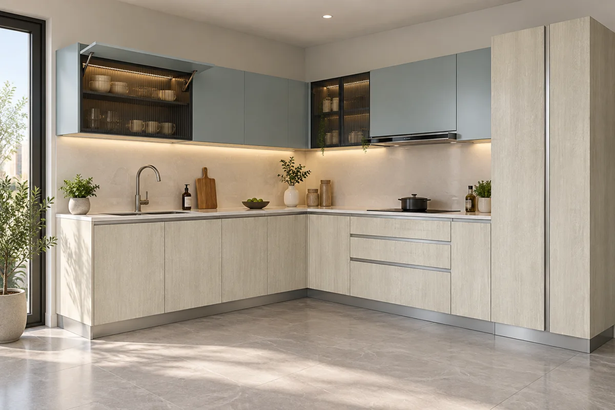 offwhite subtle woodgrain and pale blue-grey L-shaped steel kitchen — AI-generated concept