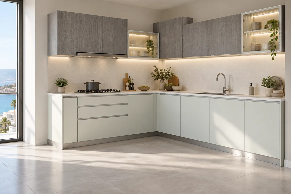oyster white and grey linear woodgrain L-shaped steel kitchen — AI-generated concept