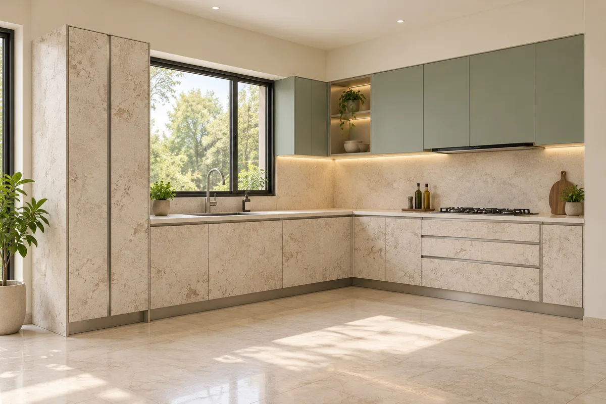 cream cement and muted sage L-shaped steel kitchen — AI-generated concept