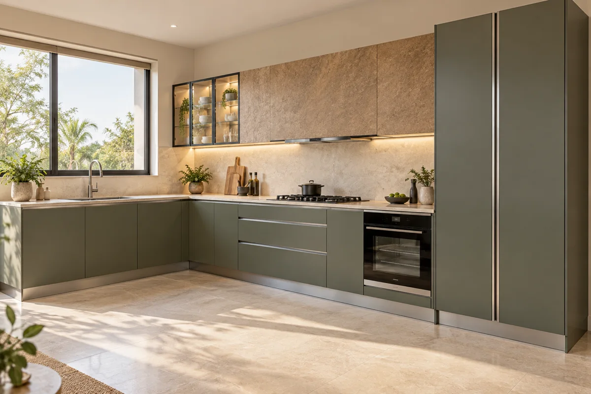 deep olive and muted golden stone L-shaped steel kitchen — AI-generated concept