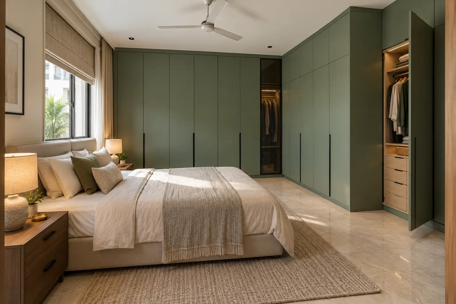 Master bedroom wardrobe designs: sage corner glass wardrobe concept