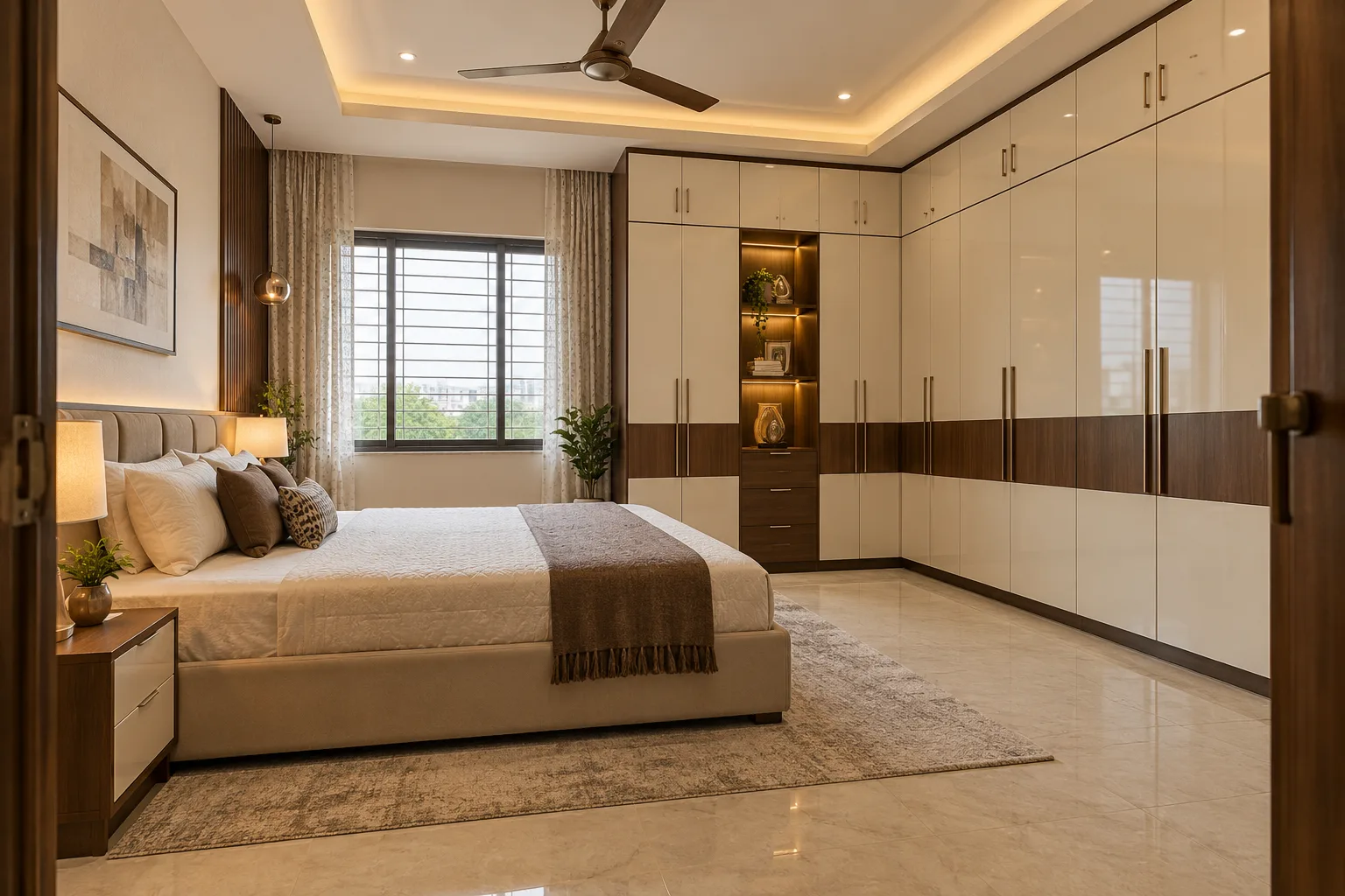 Master bedroom wardrobe designs: ivory walnut corner wardrobe concept