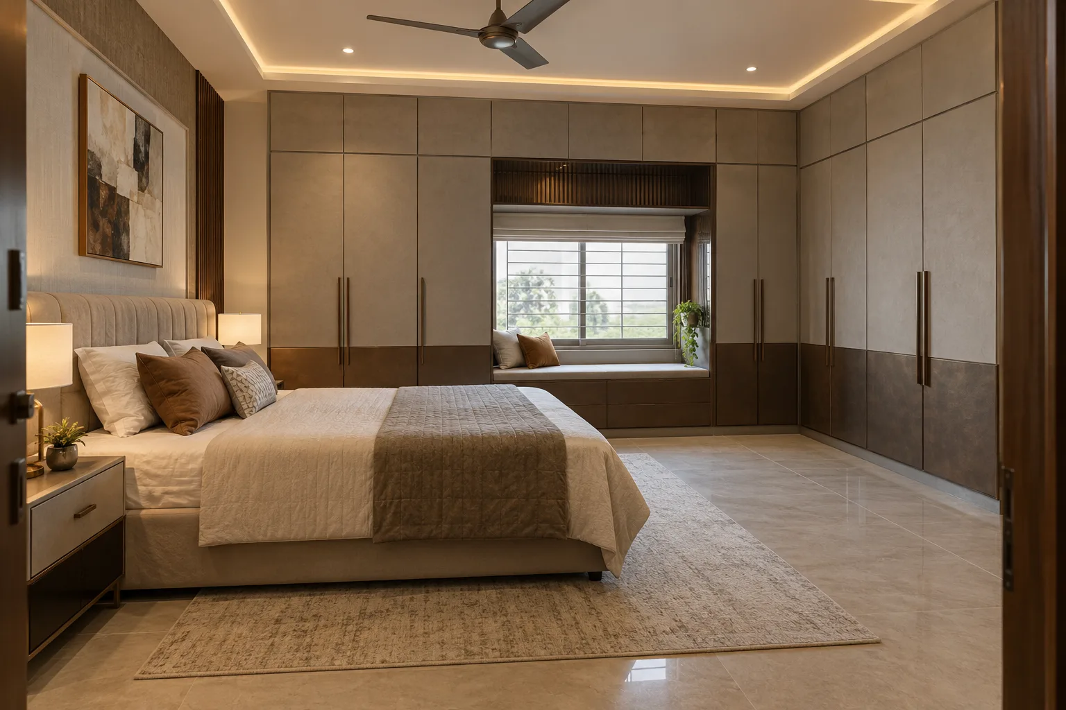 Master bedroom wardrobe designs: greige window seat wardrobe concept