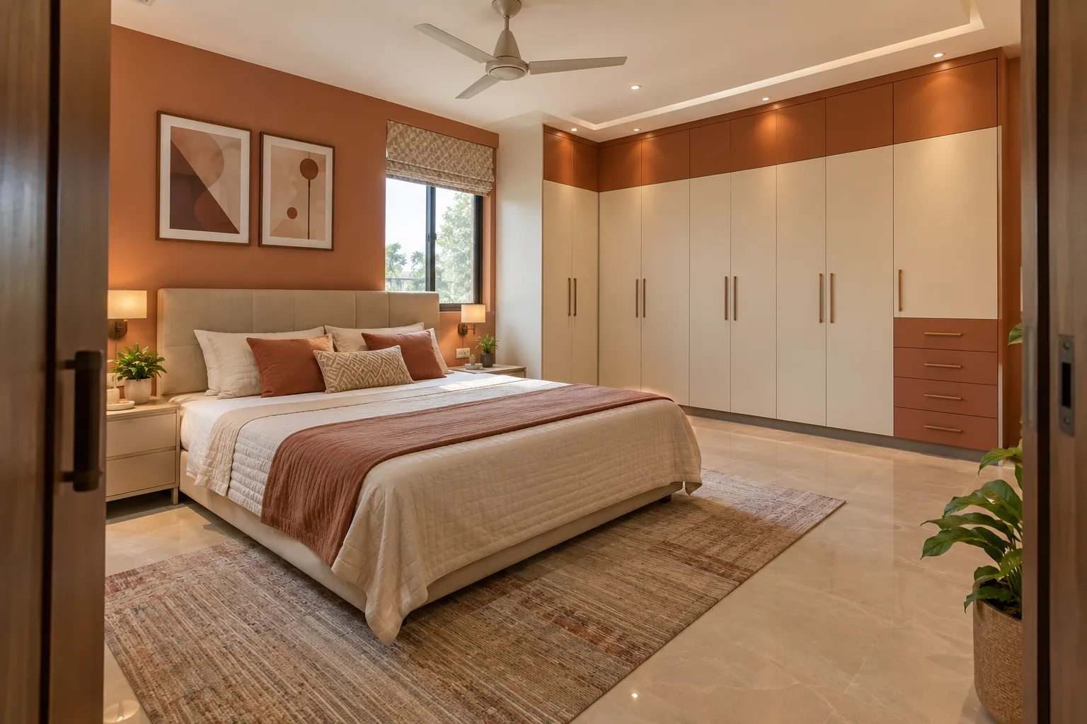 Master bedroom wardrobe designs: cream terracotta loft wardrobe concept