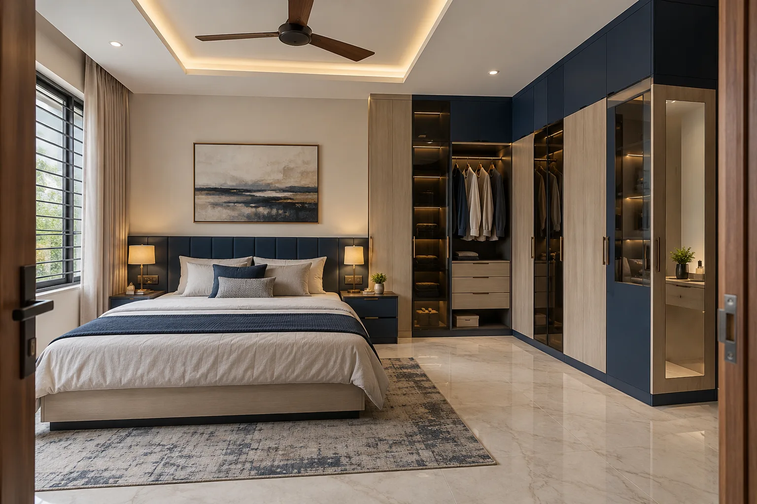 Master bedroom wardrobe designs: navy mirror corner wardrobe concept