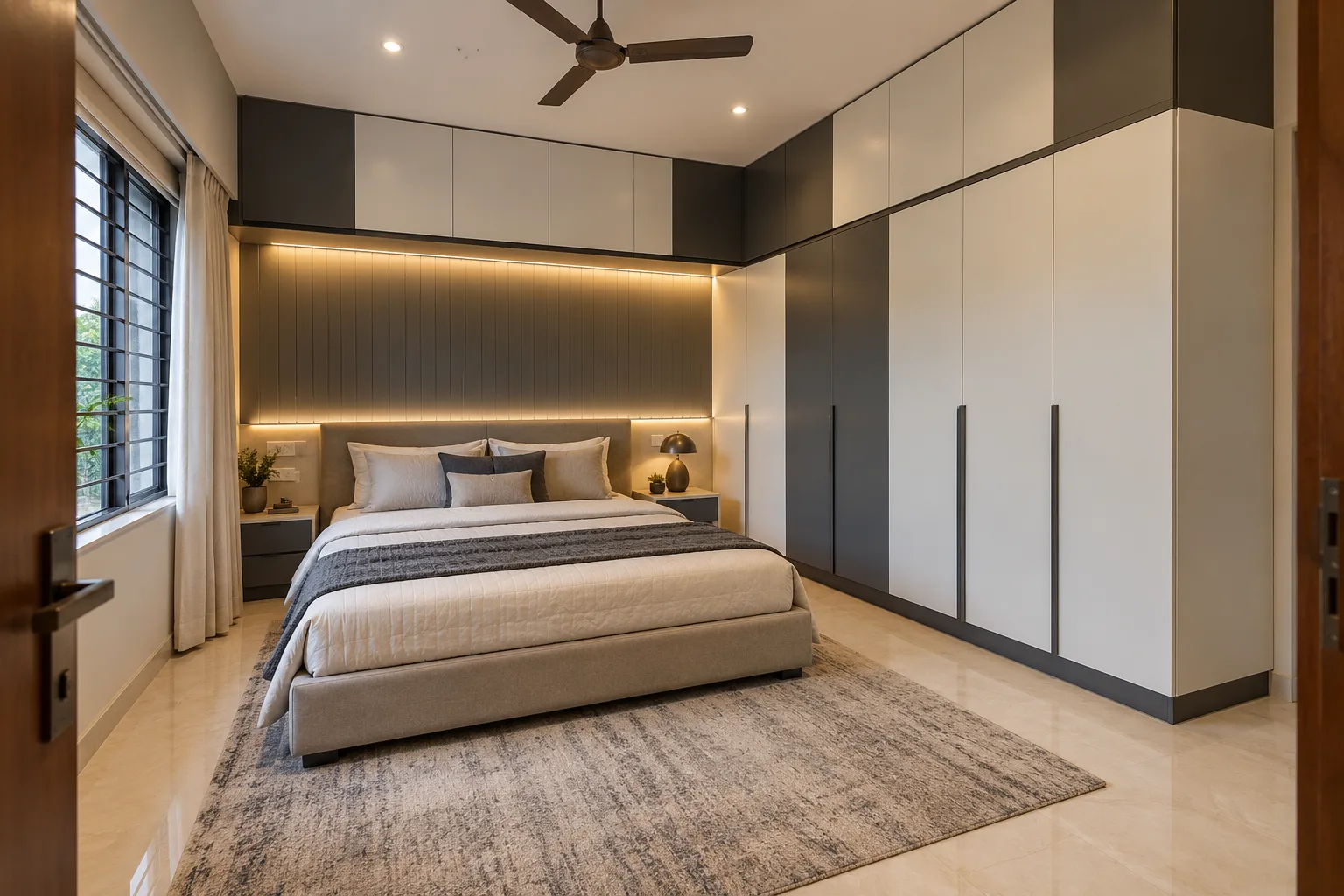 Master bedroom wardrobe designs: white charcoal loft wardrobe concept