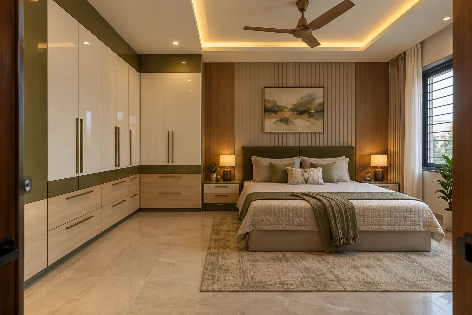 Master bedroom wardrobe designs: ivory corner drawer wardrobe concept