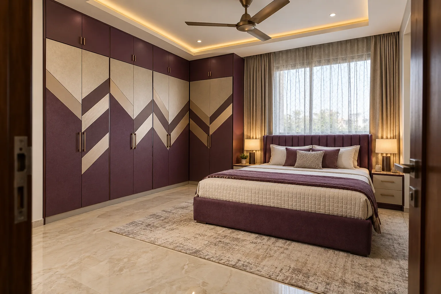 Master bedroom wardrobe designs: plum chevron laminate wardrobe concept