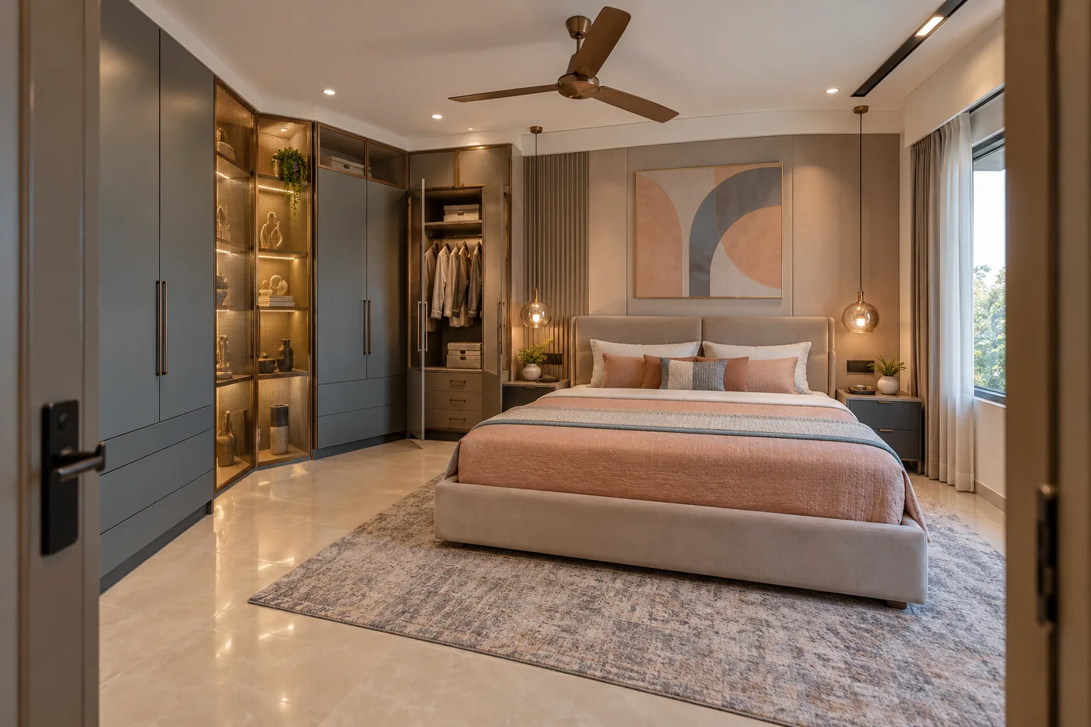 Master bedroom wardrobe designs: slate illuminated display wardrobe concept