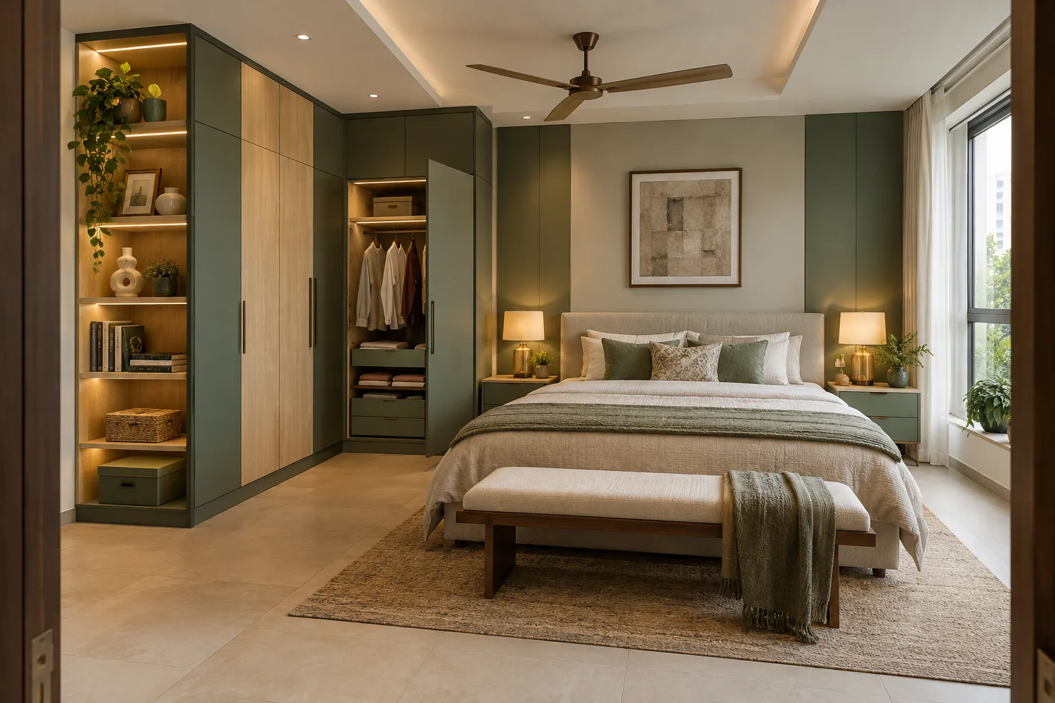 Aluminium Sage Open Corner Master Bedroom Wardrobe concept