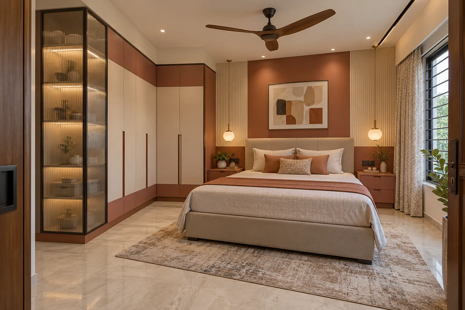 Master bedroom wardrobe designs: cream fluted glass wardrobe concept