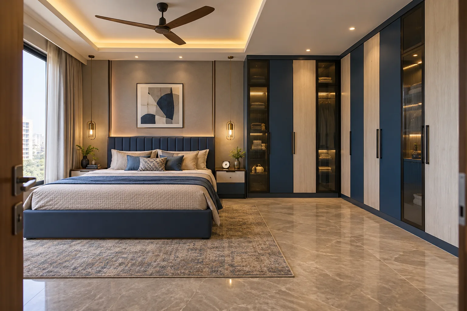Master bedroom wardrobe designs: navy ash narrow panel wardrobe concept