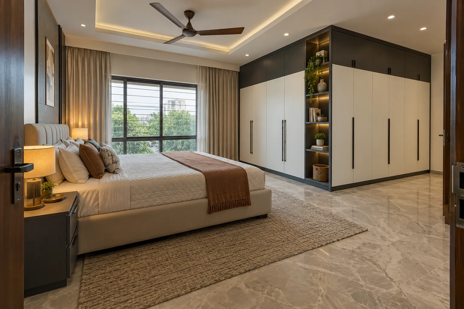 Master bedroom wardrobe designs: white bookcase divider wardrobe concept