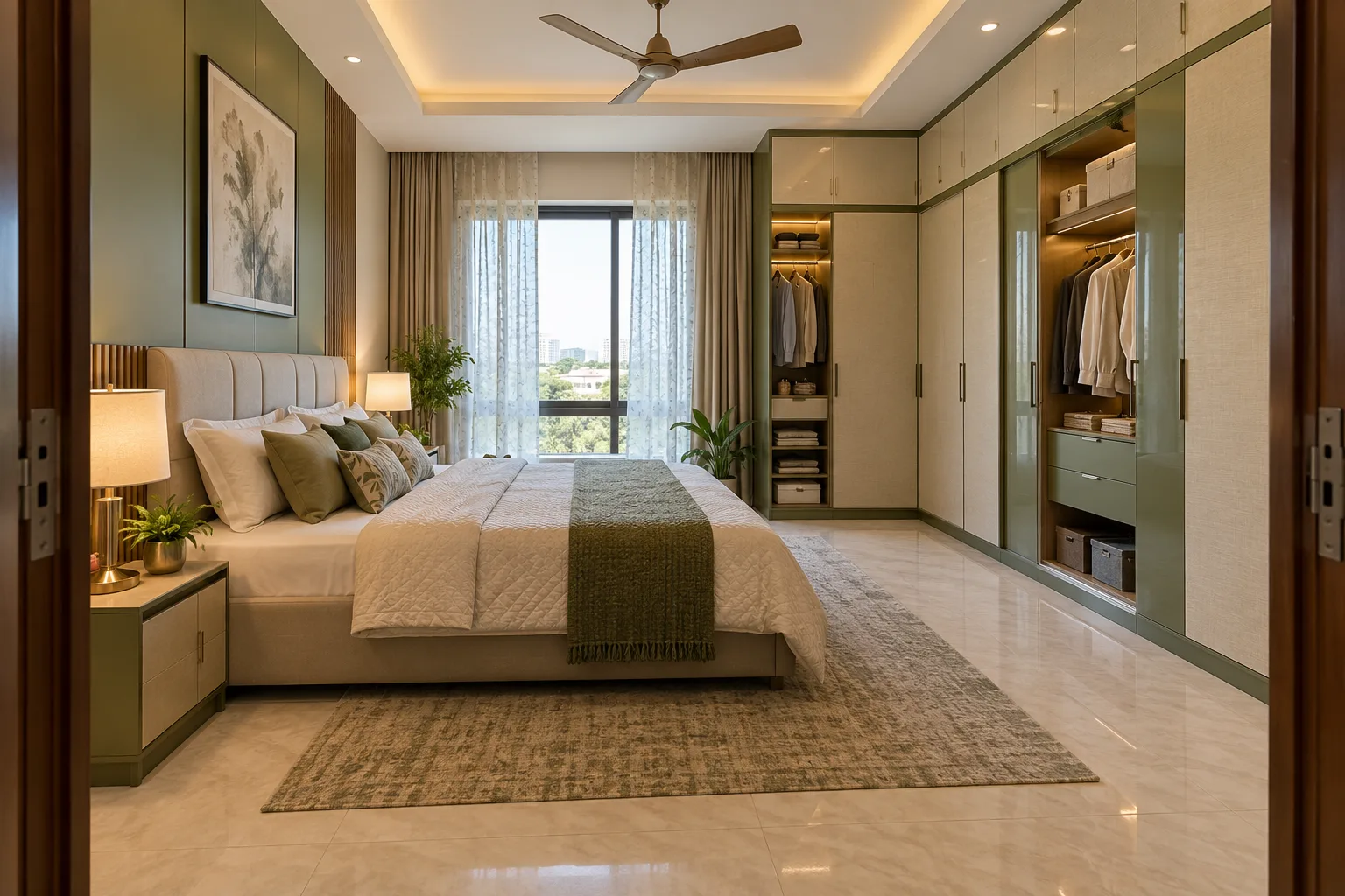 Master bedroom wardrobe designs: olive linen inset wardrobe concept