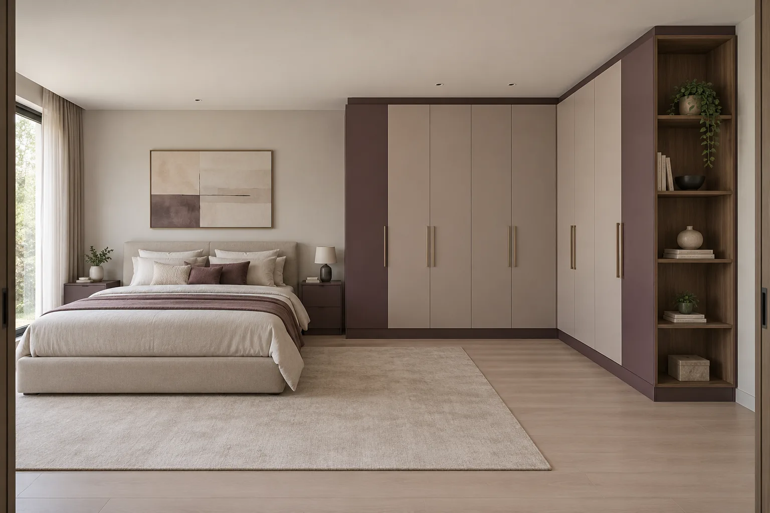 Master bedroom wardrobe designs: plum end shelf wardrobe concept