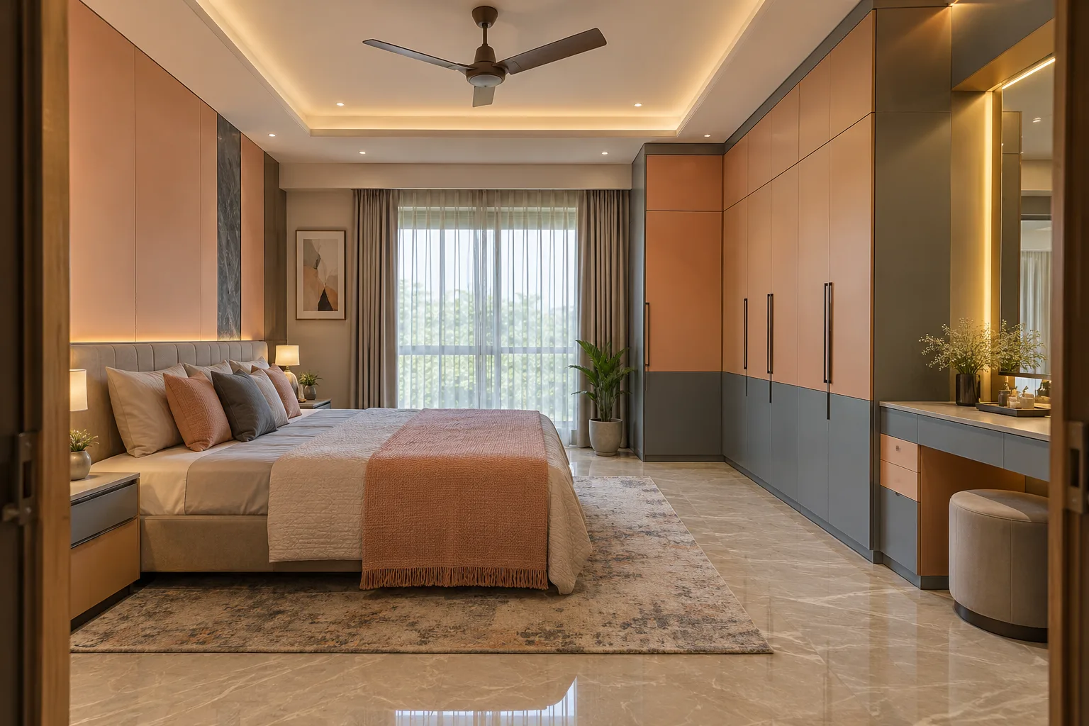 Master bedroom wardrobe designs: peach dressing table wardrobe concept