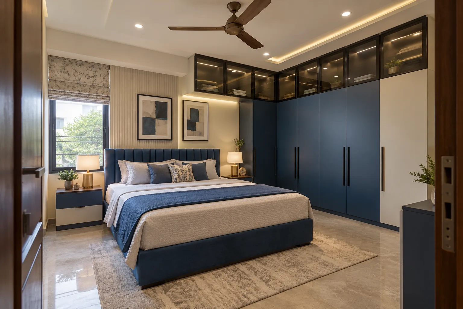Master bedroom wardrobe designs: navy glass loft wardrobe concept