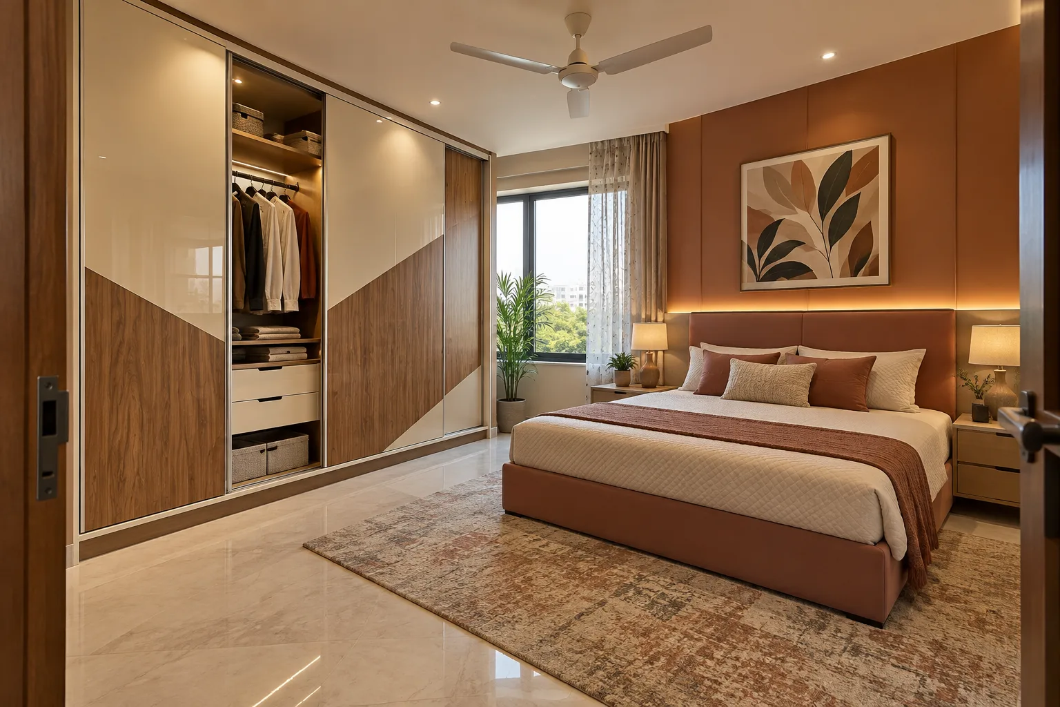 Master bedroom wardrobe designs: oak diagonal sliding wardrobe concept