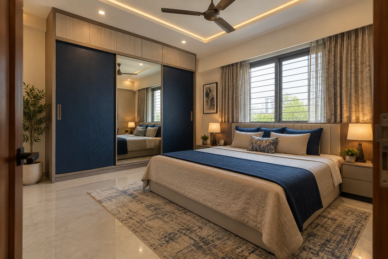 Master bedroom wardrobe designs: navy mirror sliding wardrobe concept