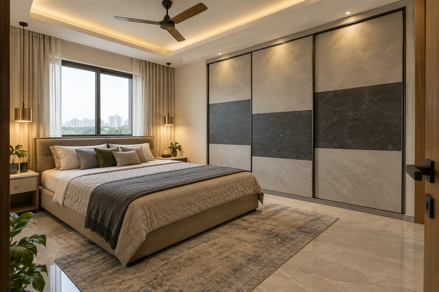 Master bedroom wardrobe designs: stone block sliding wardrobe concept