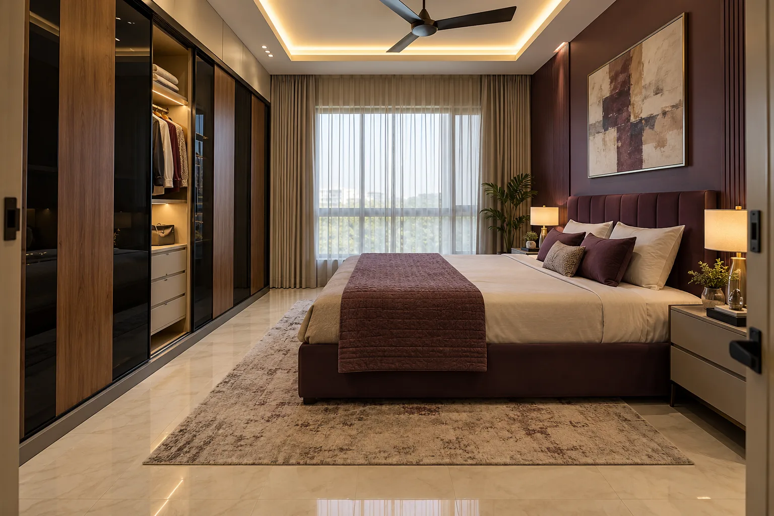 Master bedroom wardrobe designs: plum black glass sliding wardrobe concept