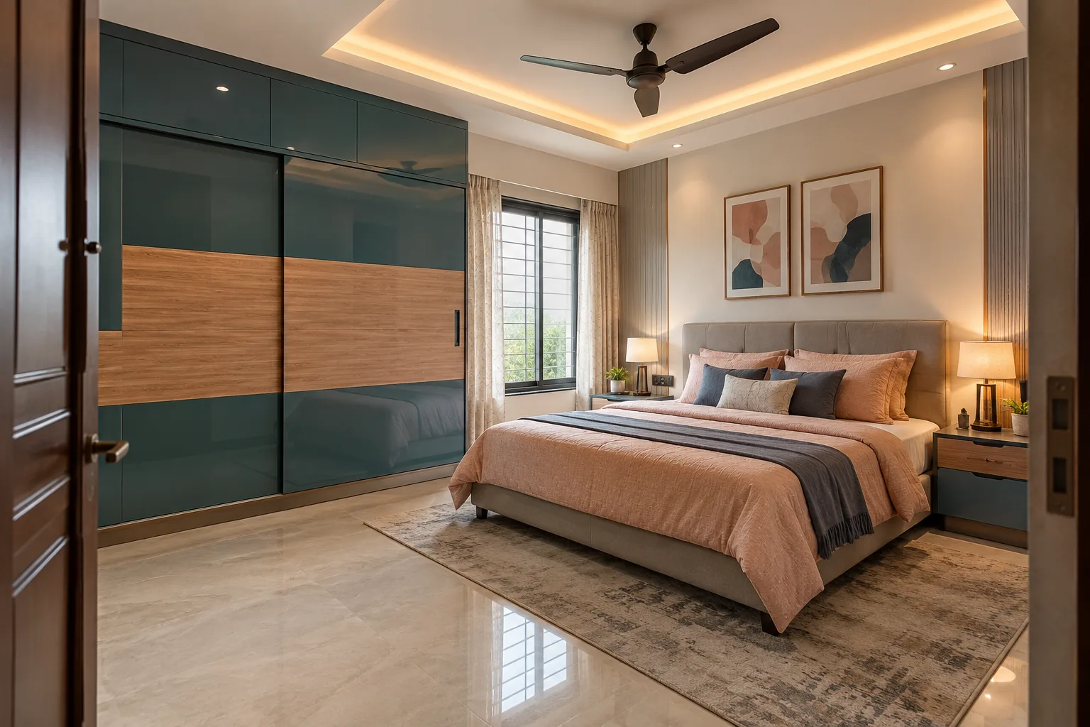 Master bedroom wardrobe designs: teal oak band sliding wardrobe concept
