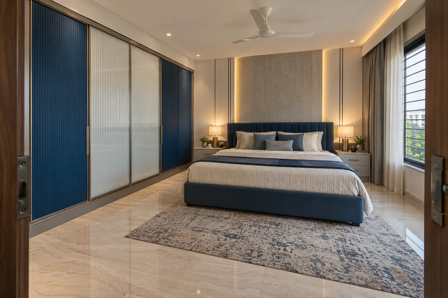 Master bedroom wardrobe designs: blue white glass sliding wardrobe concept