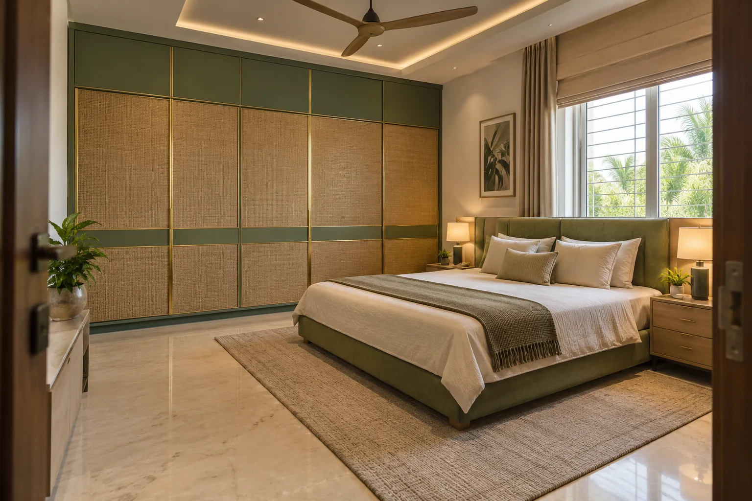 Master bedroom wardrobe designs: sage woven laminate wardrobe concept