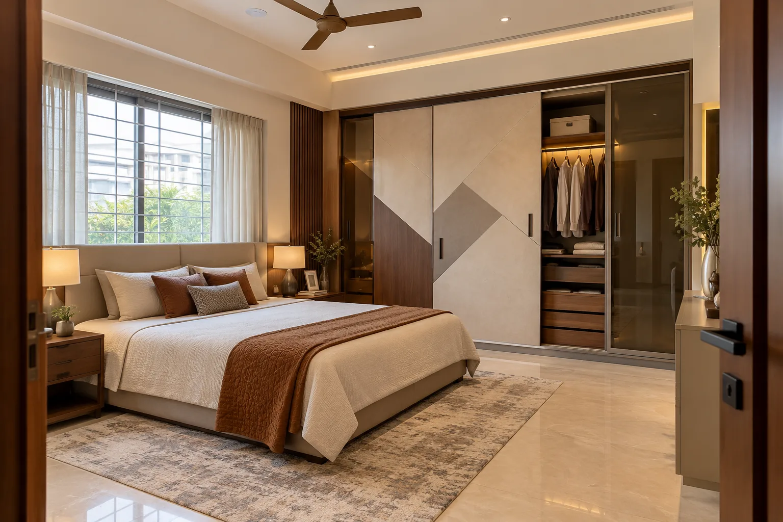 Master bedroom wardrobe designs: ivory geometric sliding wardrobe concept
