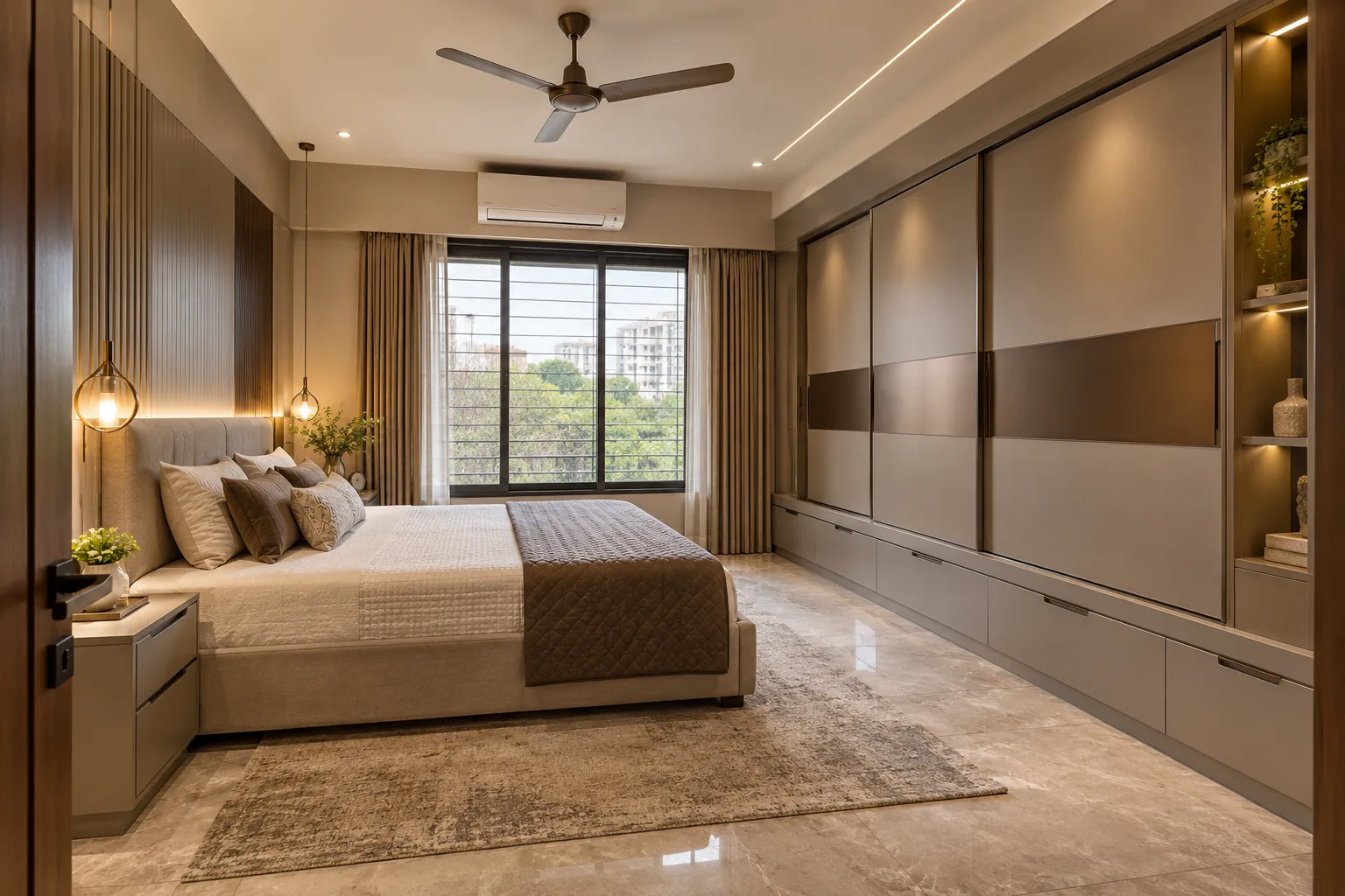 Master bedroom wardrobe designs: greige drawer console wardrobe concept