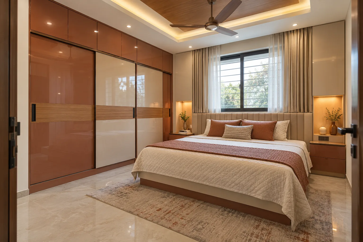 Master bedroom wardrobe designs: terracotta loft sliding wardrobe concept
