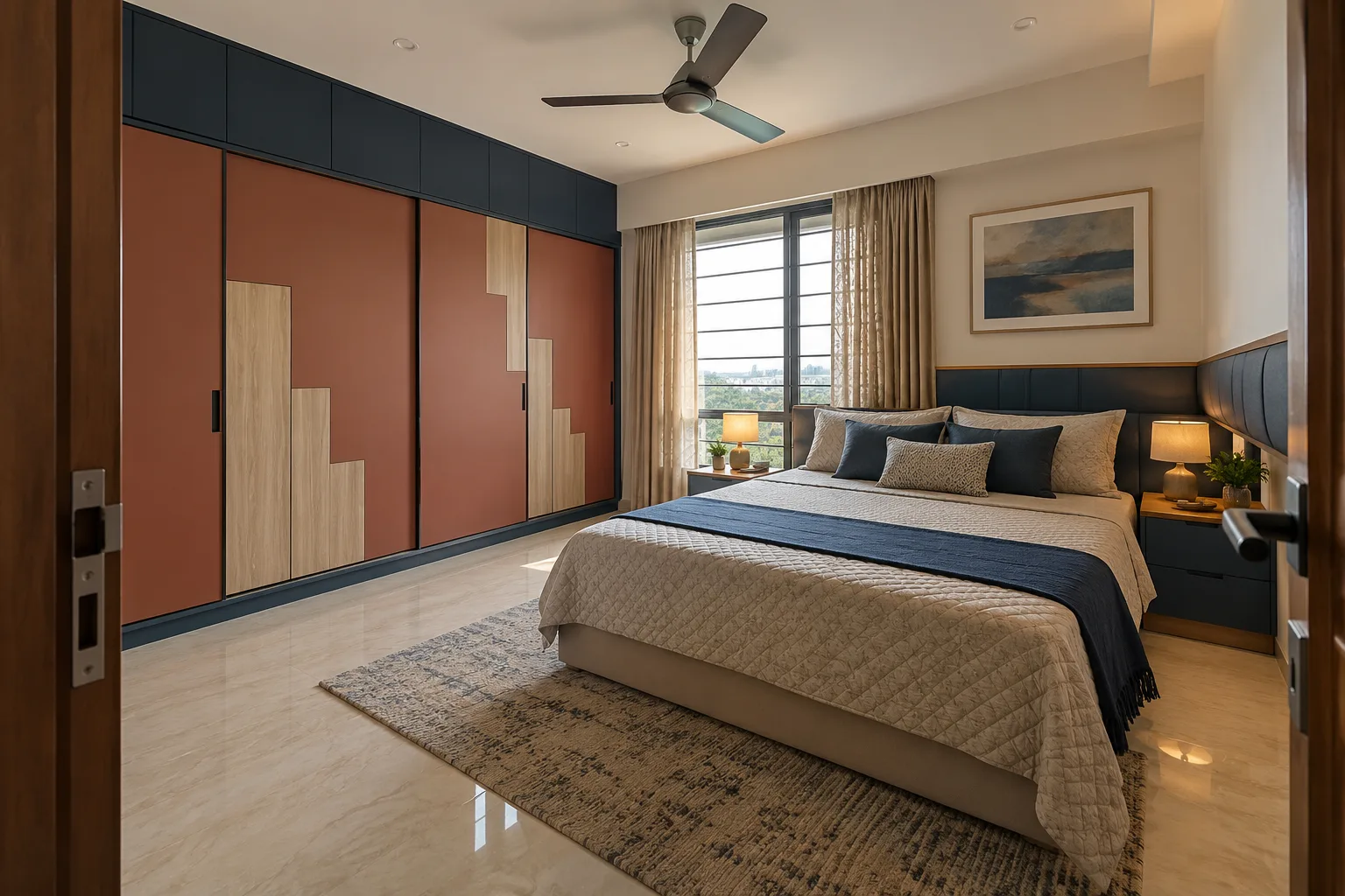 Master bedroom wardrobe designs: terracotta stepped inlay wardrobe concept
