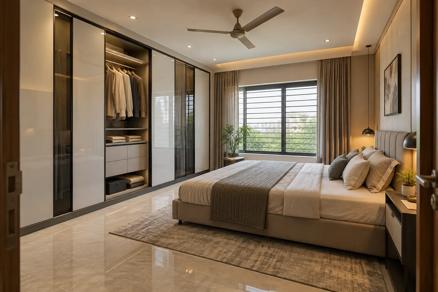 Master bedroom wardrobe designs: charcoal mirror frame wardrobe concept